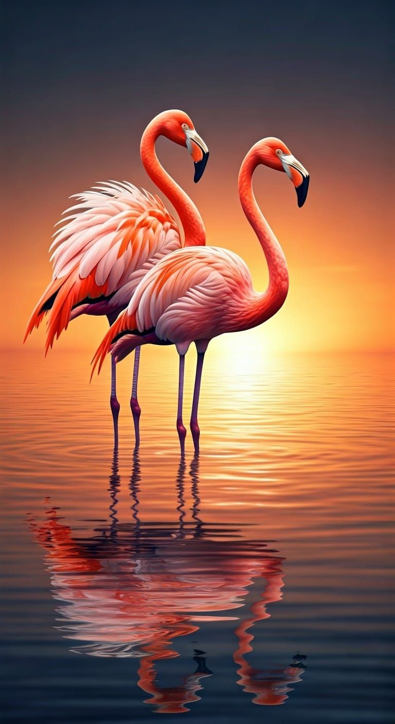 Flamingos in Tranquil Lake at Sunset