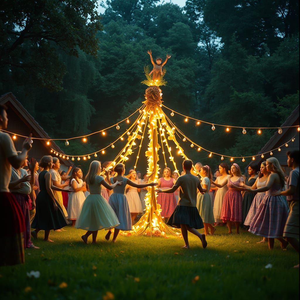 Villagers Dancing Around a Majestic May Pole