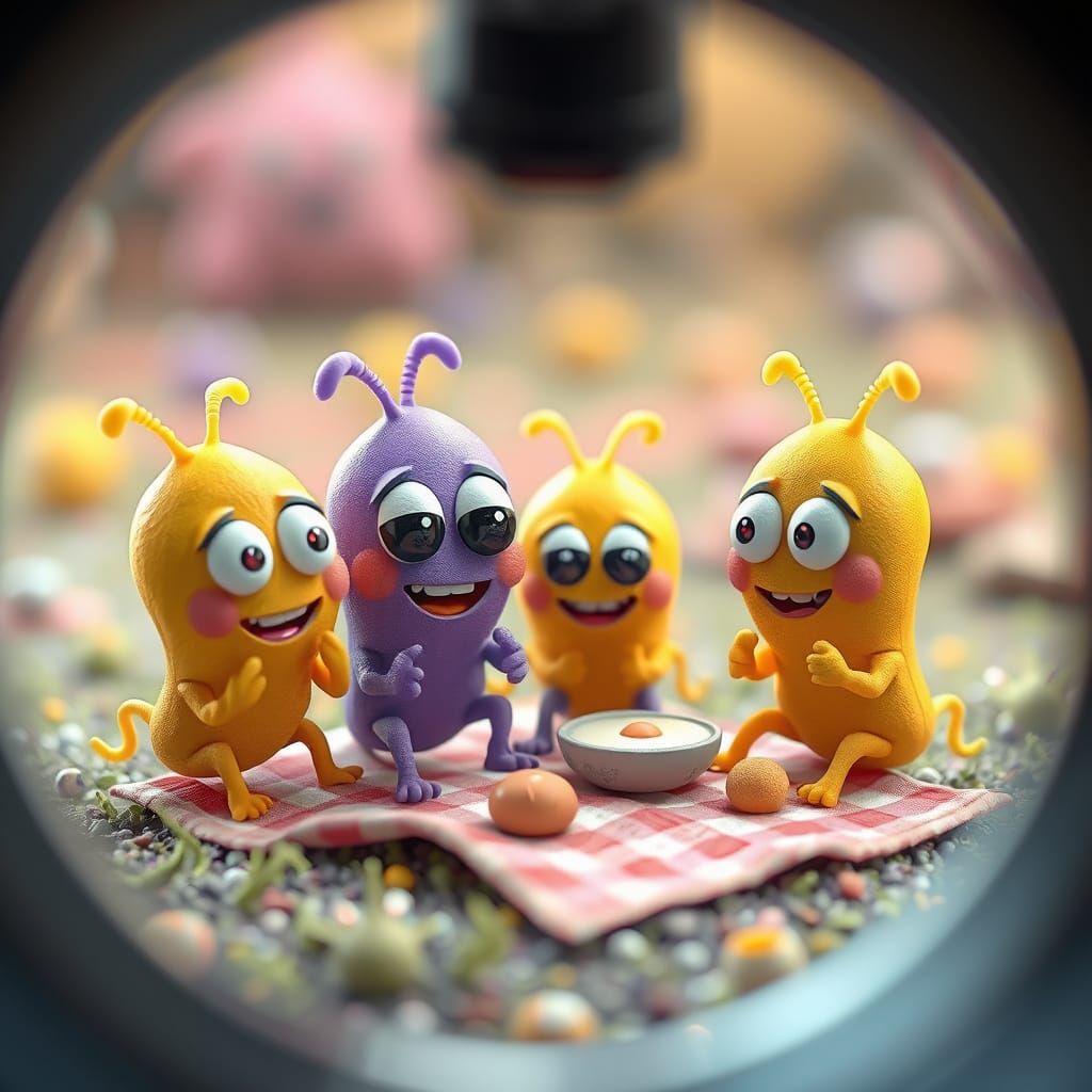 Cute Germs Picnic Under Microscope Lens in Detailed Characte...
