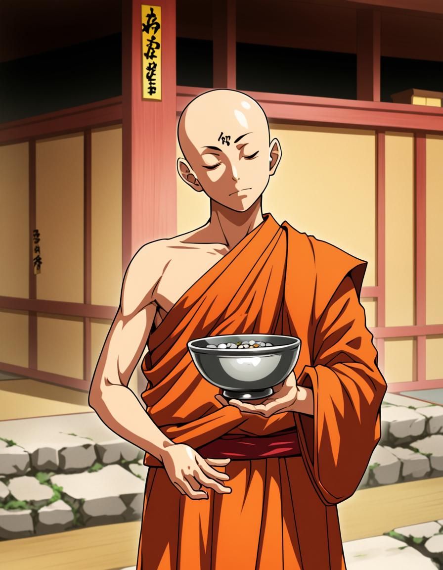 Anime Buddhist Monk with Begging Bowl