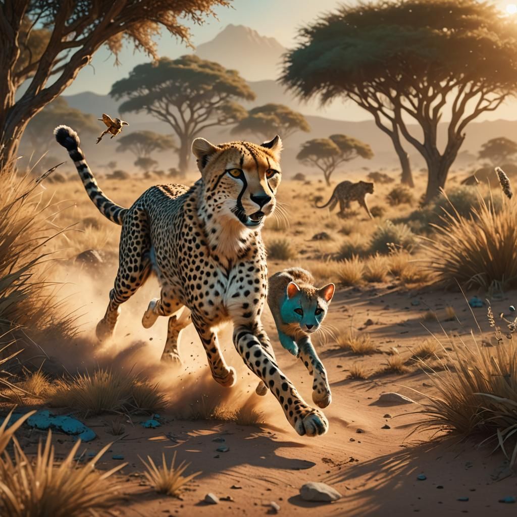 Cheetah Chasing Mouse in Whimsical Savannah