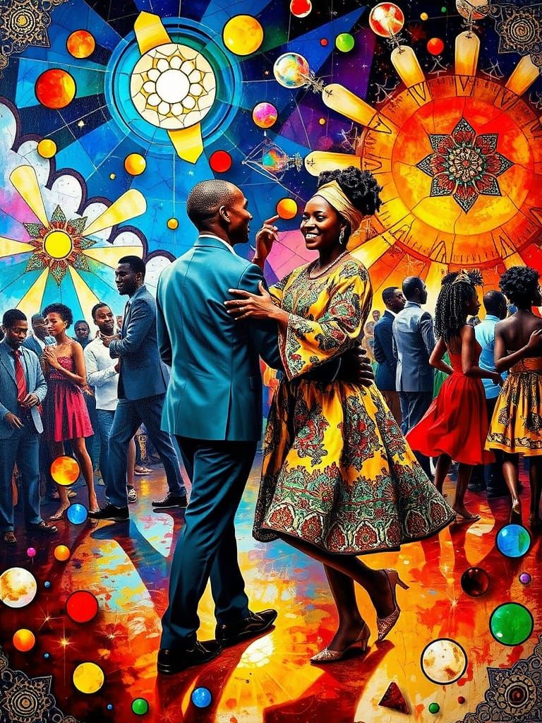 Kaleidoscopic African Dance in Surrealist Oil Painting