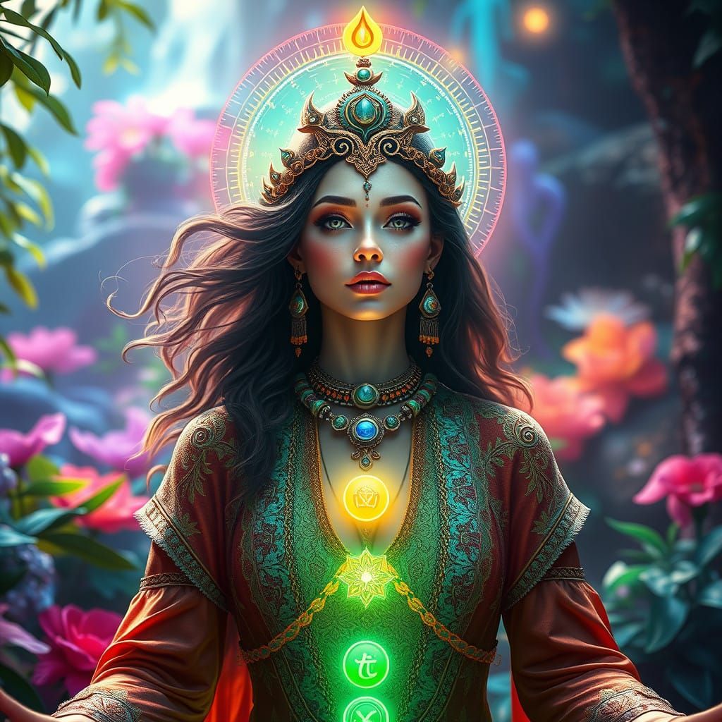 Mystical Woman Balances Seven Chakras in Enchanted Realm