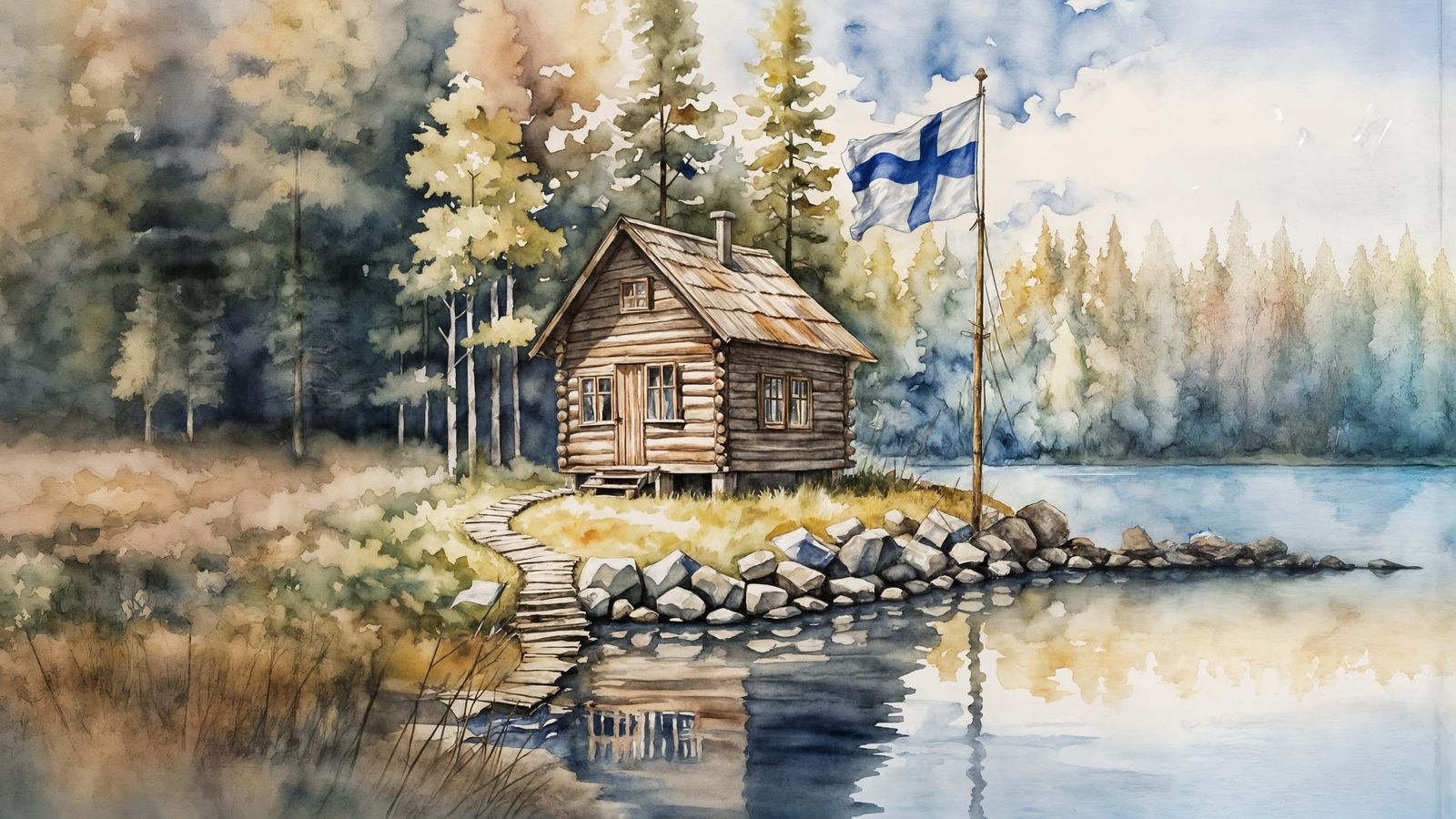 Finnish Lakeside Cabin in Watercolour
