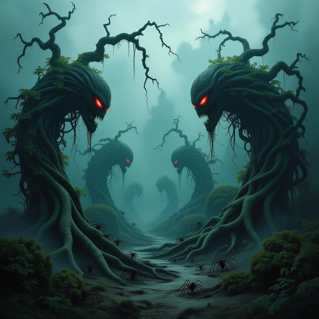 Ominous Garden in Dark Surrealist Style