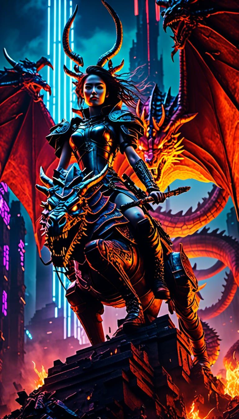 Dragon Rider in Burning Cyberpunk City