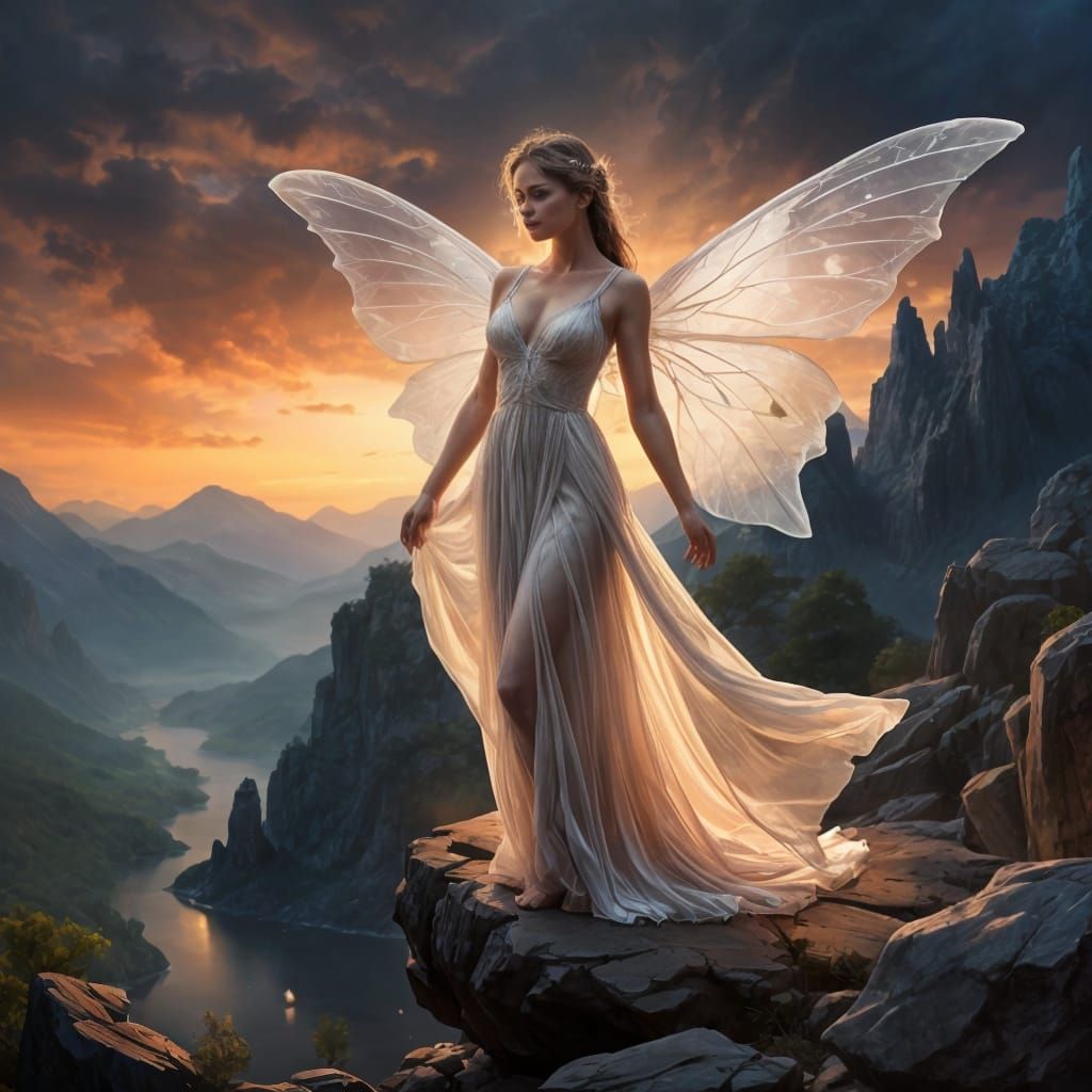 Ethereal Fairy in Misty Twilight Landscape