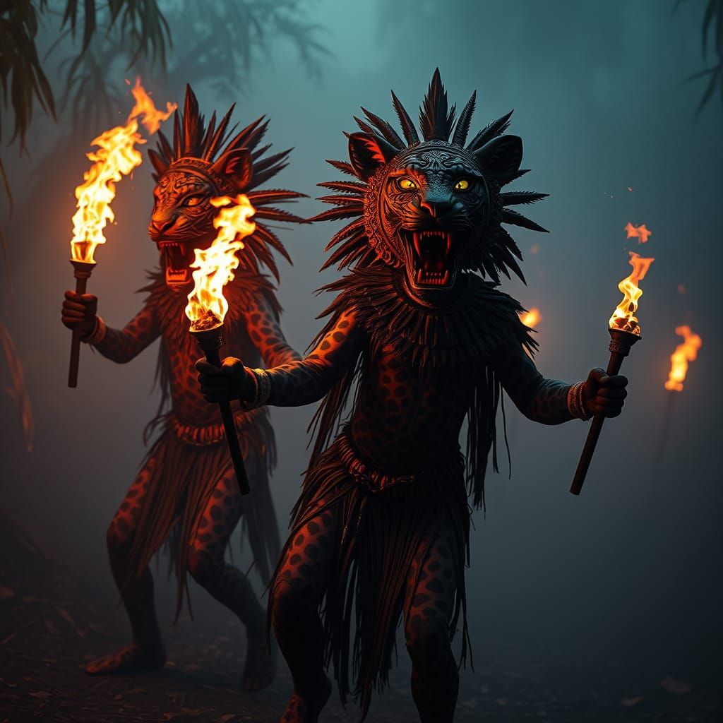 Mayan Jaguar Dancers in Surreal Mist