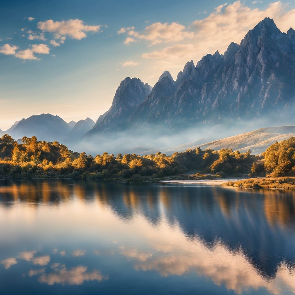 Serene Blue Lake at Golden Hour: Realistic Landscape Photogr...