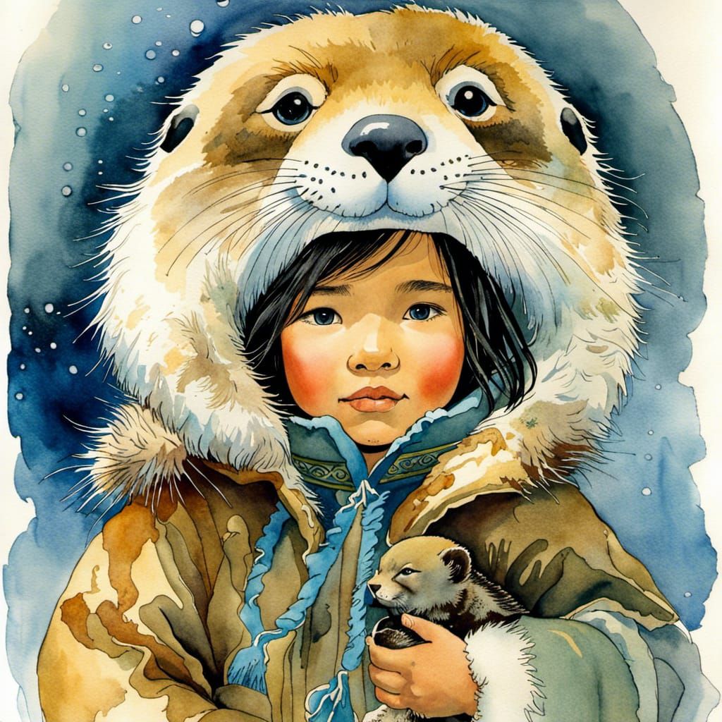 Inuit with seal hat holds seal puppy