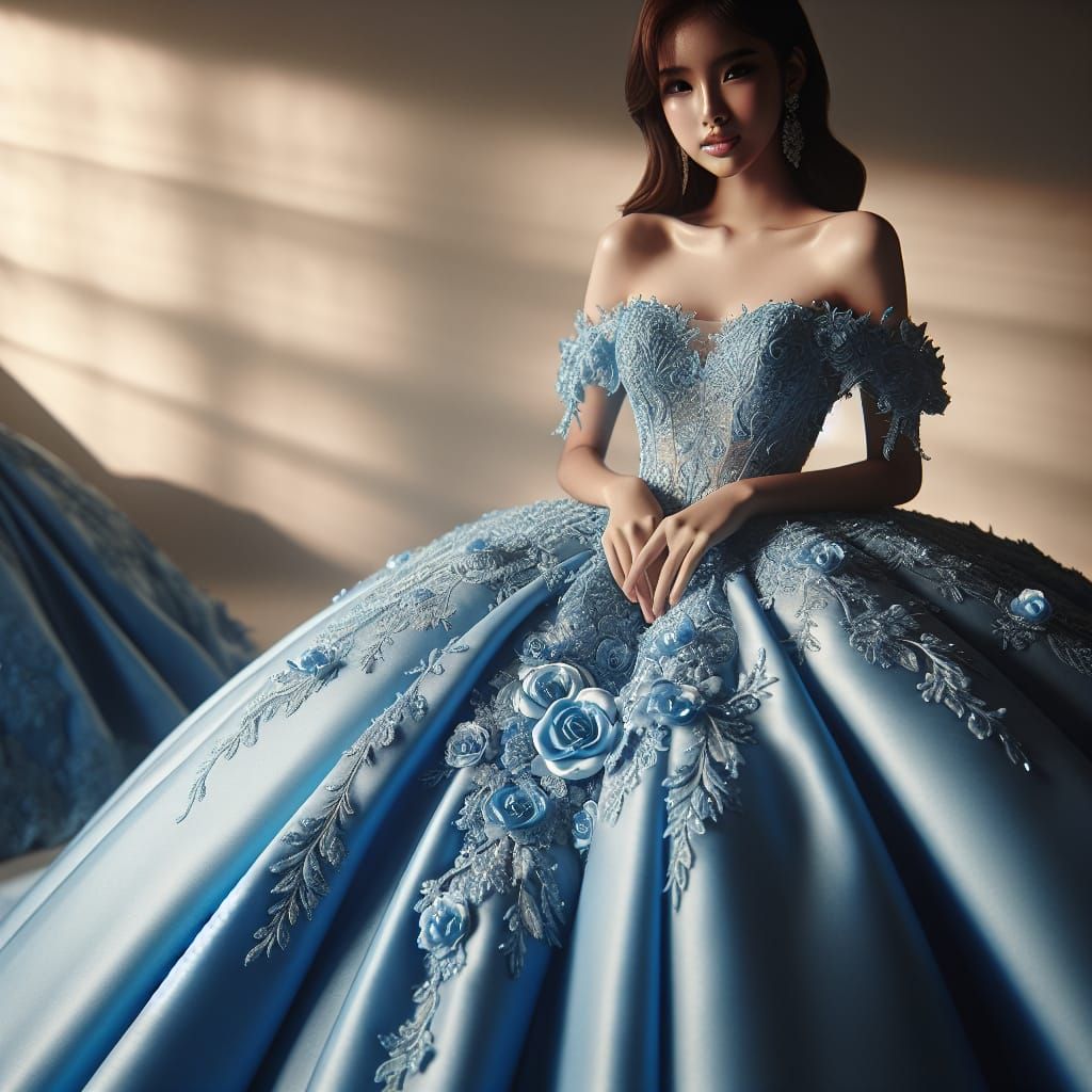 Elegant Asian Girl in Blue Quinceanera Dress
