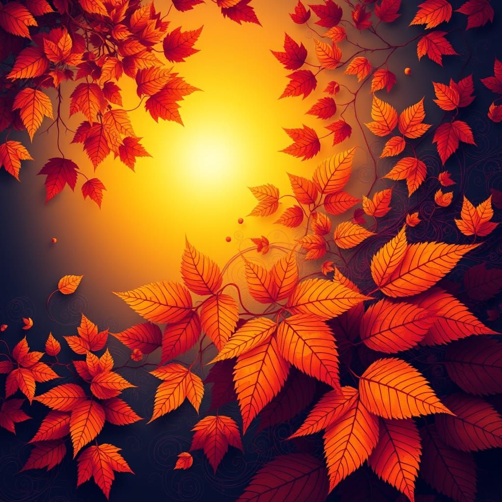 A vibrant, swirling composition of autumn leaves in fiery, oranges, and purples radiates around a glowing sun at the cen...