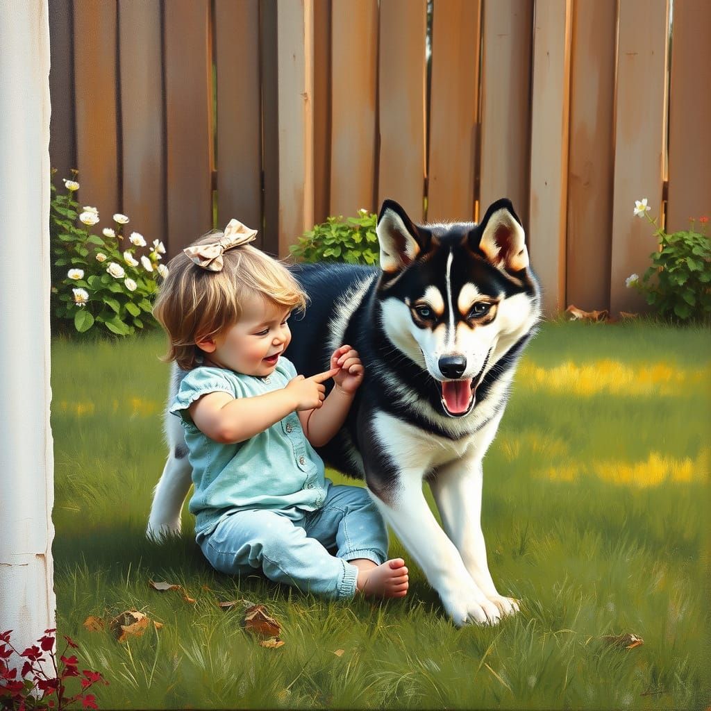 Child and Husky Playing in a Sunlit Backyard Scene