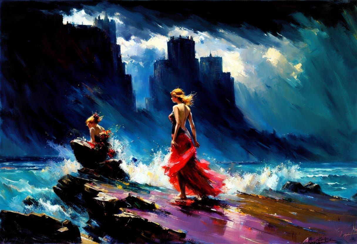 storm, towers, landscape, intense color, by pino daeni