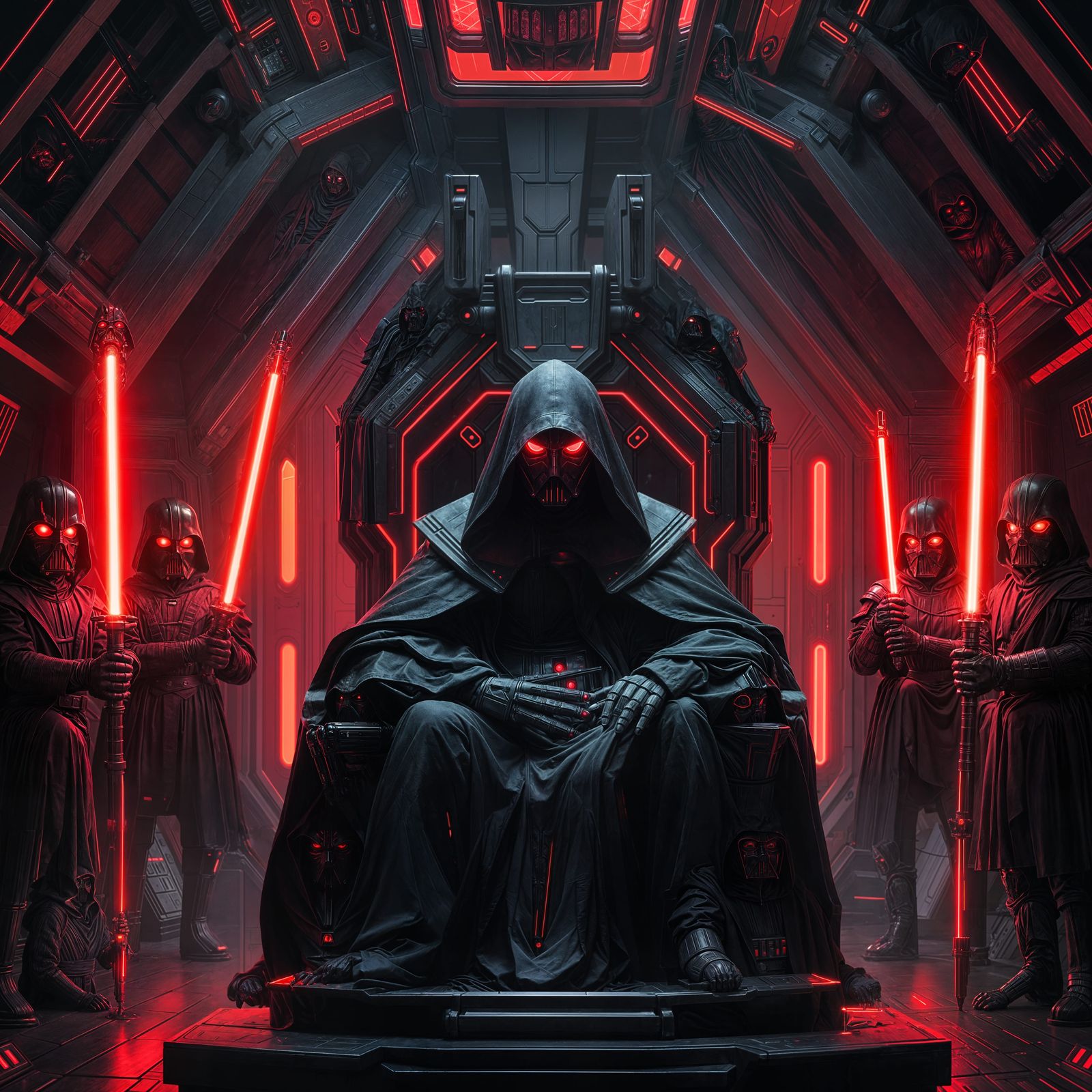 Cyberpunk Sith Lord in Dark Throne on Spaceship