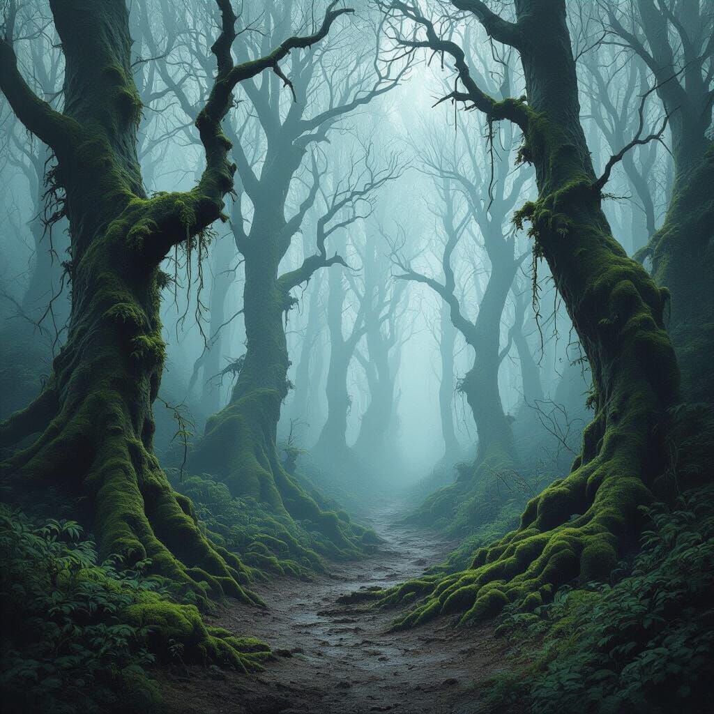 Misty Forest Path in Dark Fantasy Style