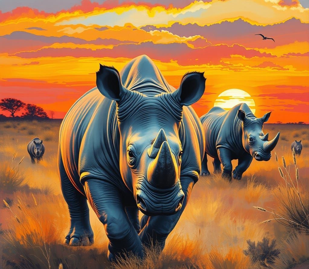 A Female Rhinoceros Chases Her Rival Across the African Sava...