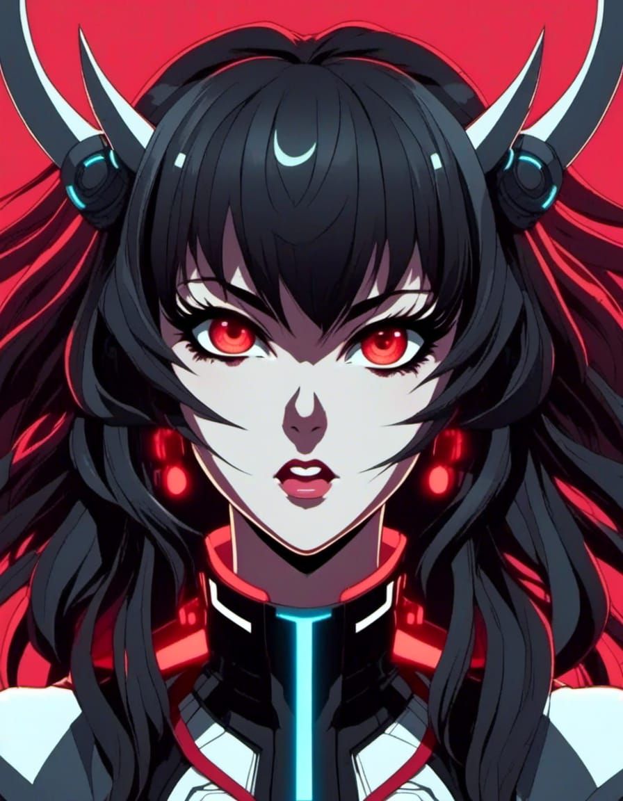 Anime angry wild & crazy facial expression demon lady. Black, white with red <lora:Gridimation:1.0>