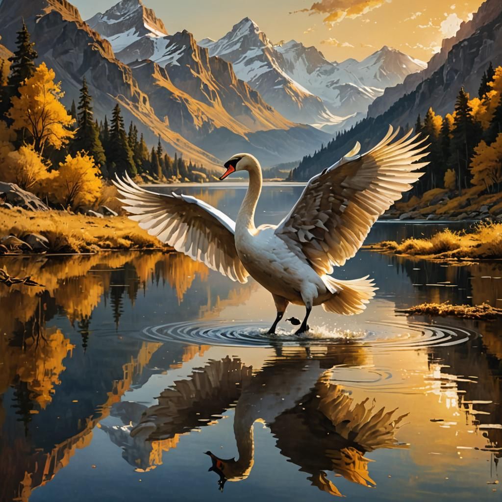 Swan Lands on Golden Lake at Sunset