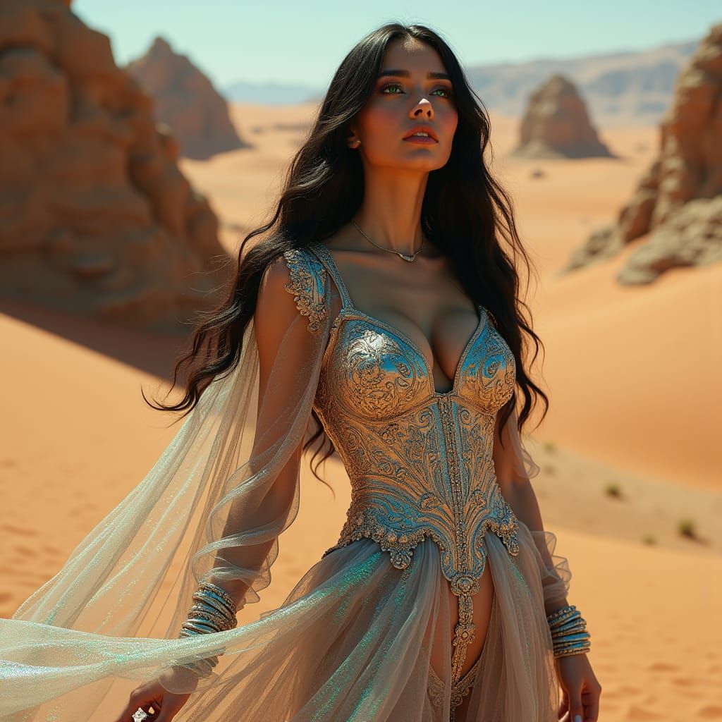 Regal Woman in Holographic Gown in Surreal Desert