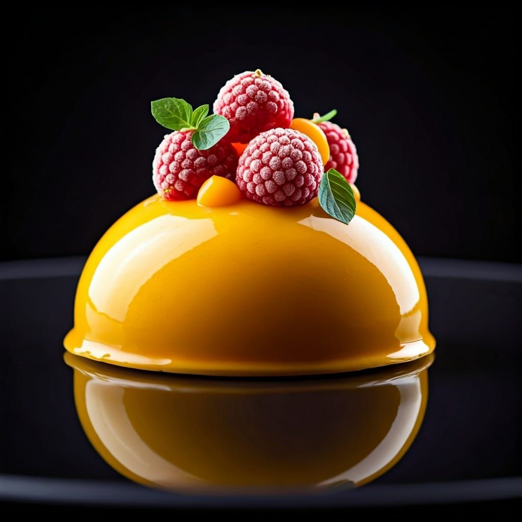 Mango Mousse Dessert with Raspberry Spheres, Hyperrealistic ...
