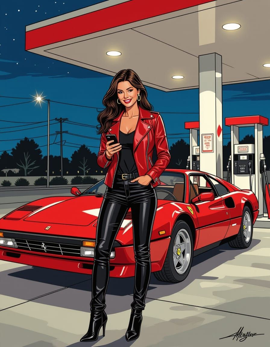 Woman with Ferrari in Vibrant Comic Book Style