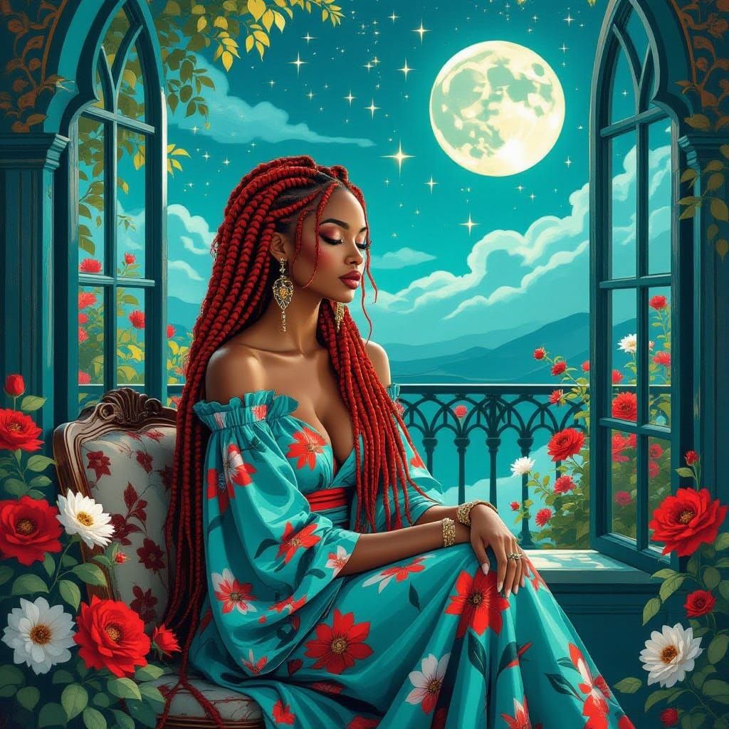 African Woman with Red Hair in Art Nouveau Room