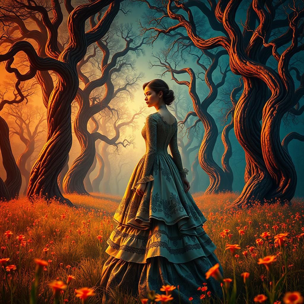 Victorian Woman in Dreamlike Biometric Meadow