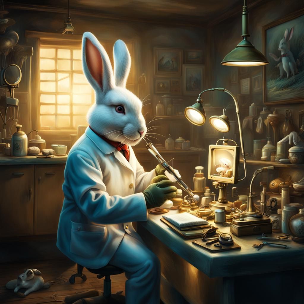 Rabbit Dentist in Golden Light: A Digital Painting