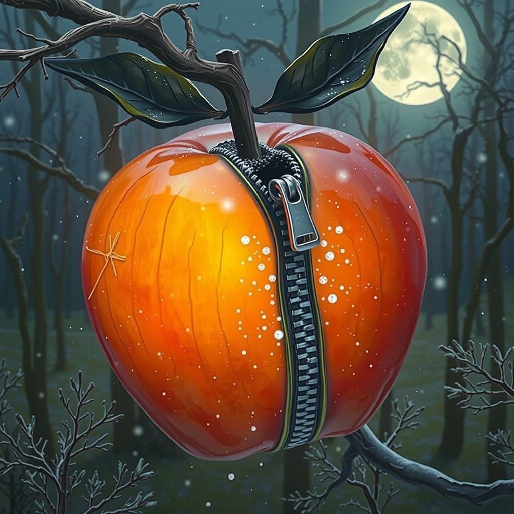 Surreal Apple in Winter Garden at Night
