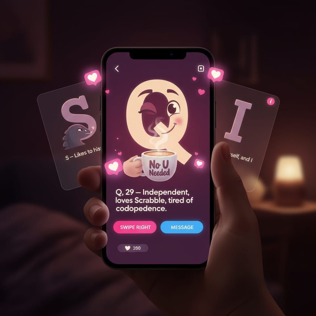 Dating App UI: Letter Q Seeks Partner, Rejects 'U'