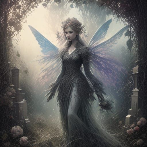 Gothic Fairy Amidst Tombstones in Dreamlike Painting