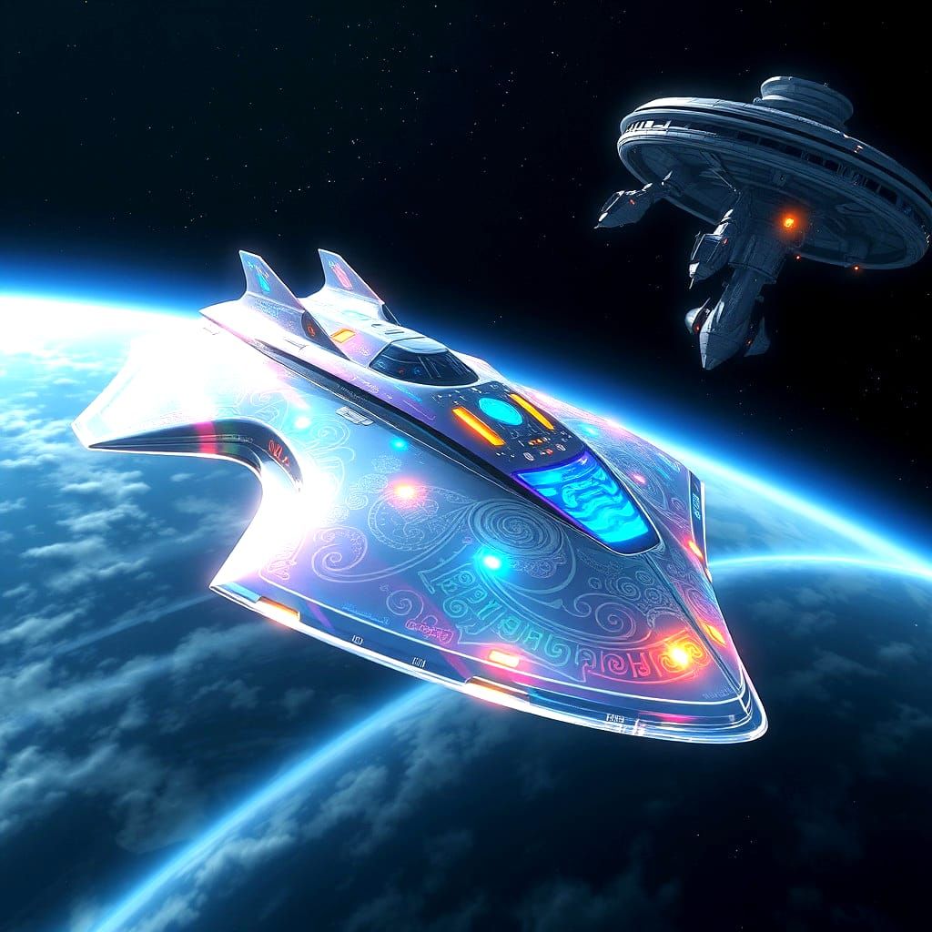 Glowing Spaceship Approaches a Majestic Space Station in the...