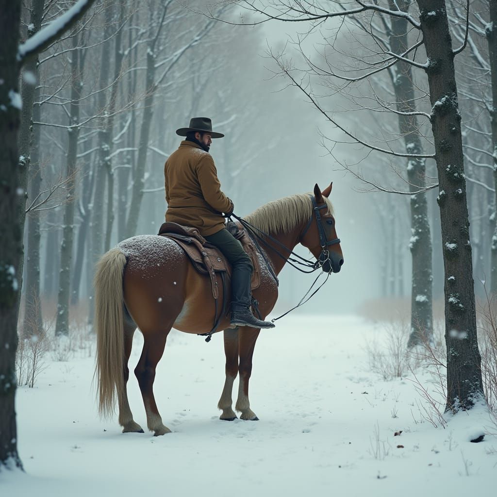 Serene 3D Art of Lone Horse Rider in Snowy Forest