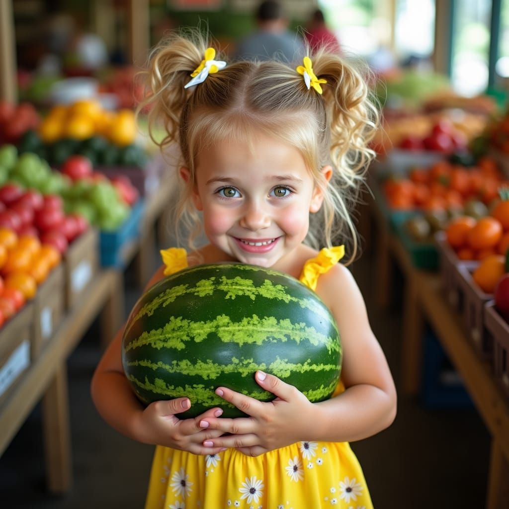 Girl Struggles to Hold Watermelon at Farmers Market