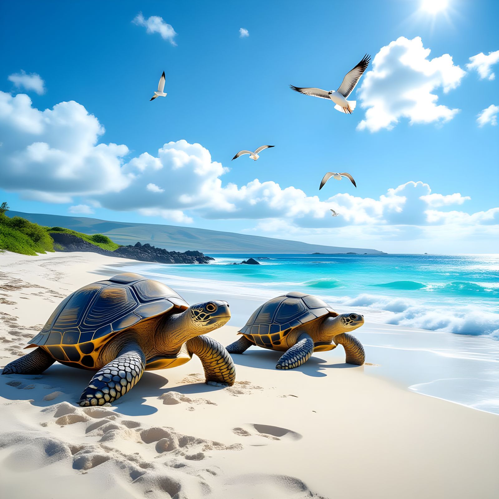 Galapagos Giant Tortoises Approach Ocean Shore