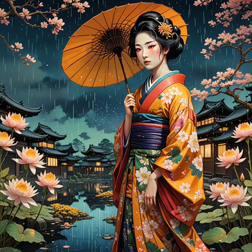 Ethereal Geisha in Rainy Street Scene, Inspired by Ukiyo-e