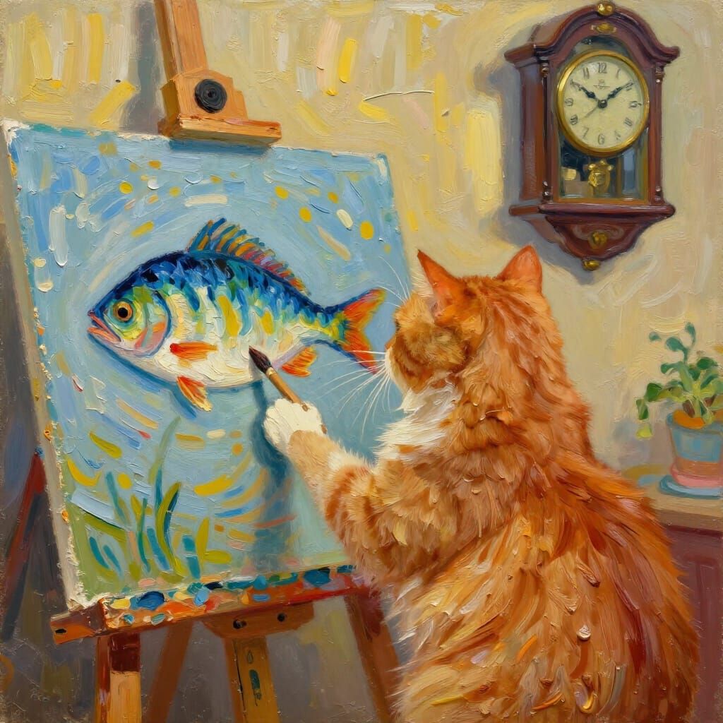 Ginger Cat Paints Fish in Van Gogh Style