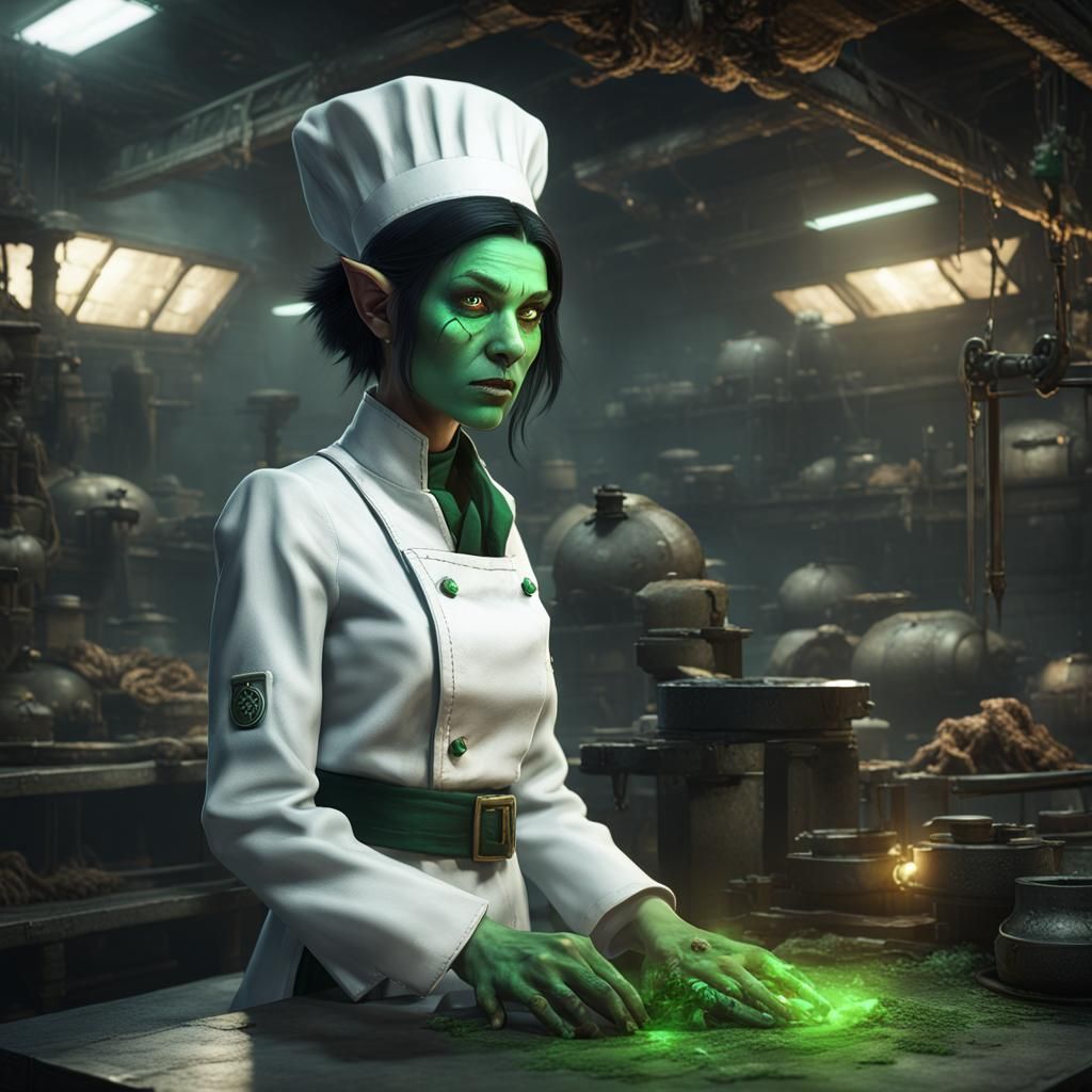 Green-Skinned Elf Chef in Fantasy Hangar