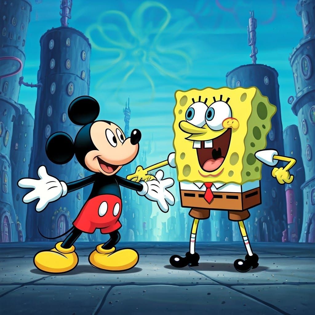 Mickey Mouse vs. Spongebob in Cartoon Cityscape