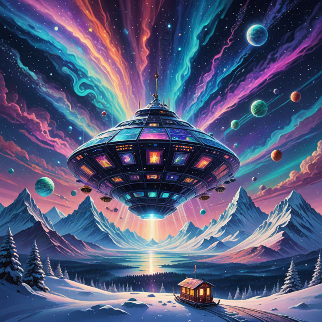 Celestial Space Ship Lands at the North Pole in Vibrant Holo...
