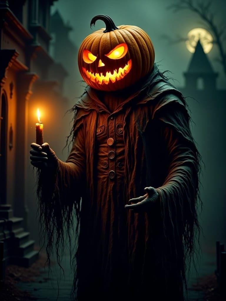 Menacing Pumpkin Head Character in Dark Halloween Scene