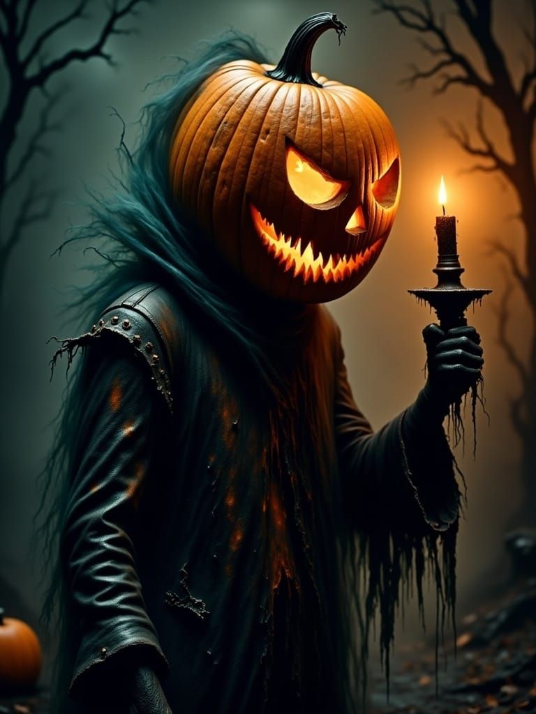 Eerie Halloween Figure with Pumpkin Head