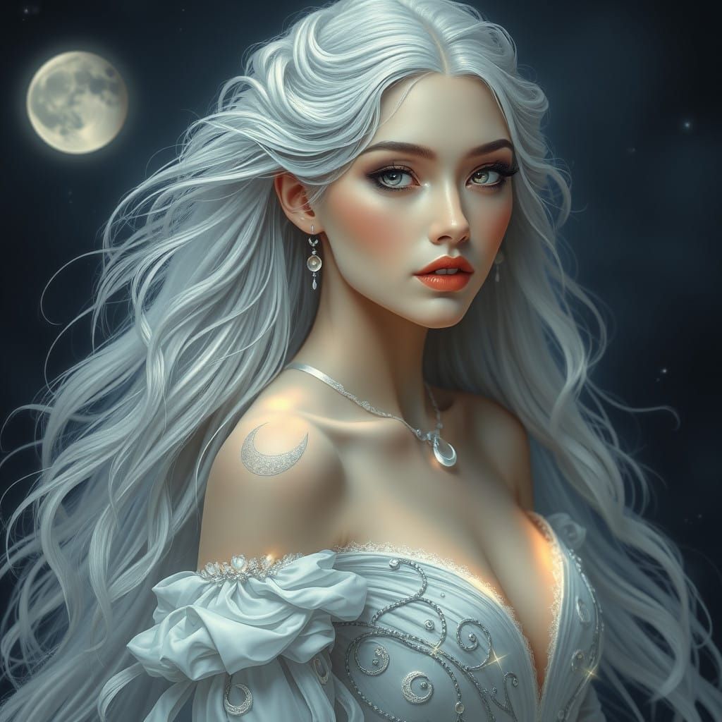 A serene goddess of lunar mystique, her silvery tresses cascading down her back like a river of moonlight, her ethereal ...
