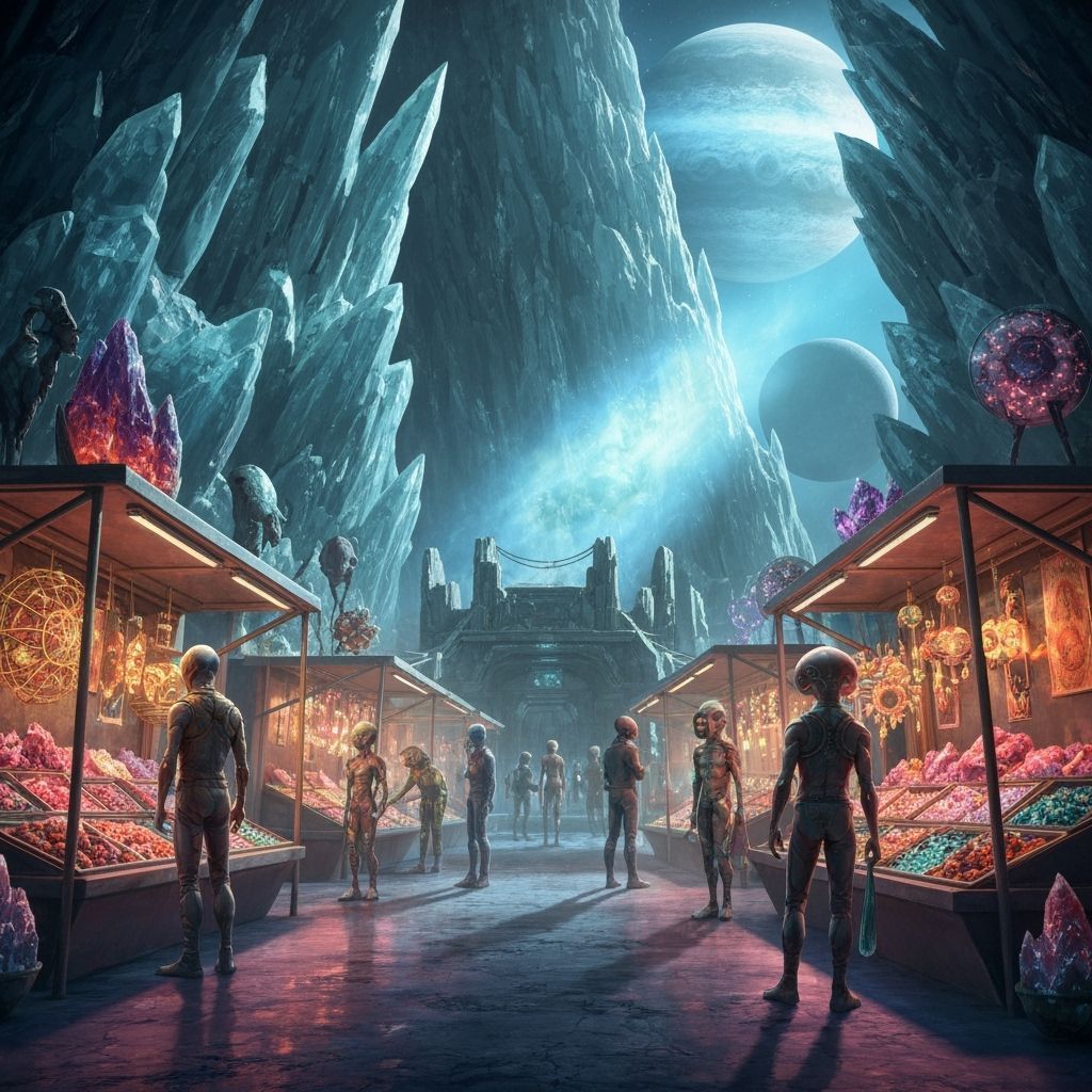 Intergalactic Bazaar in Crystalline Cavern on Gas Giant Moon