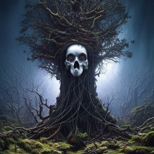 Surreal Punk Rock Skull Tree in Dark Fantasy Style