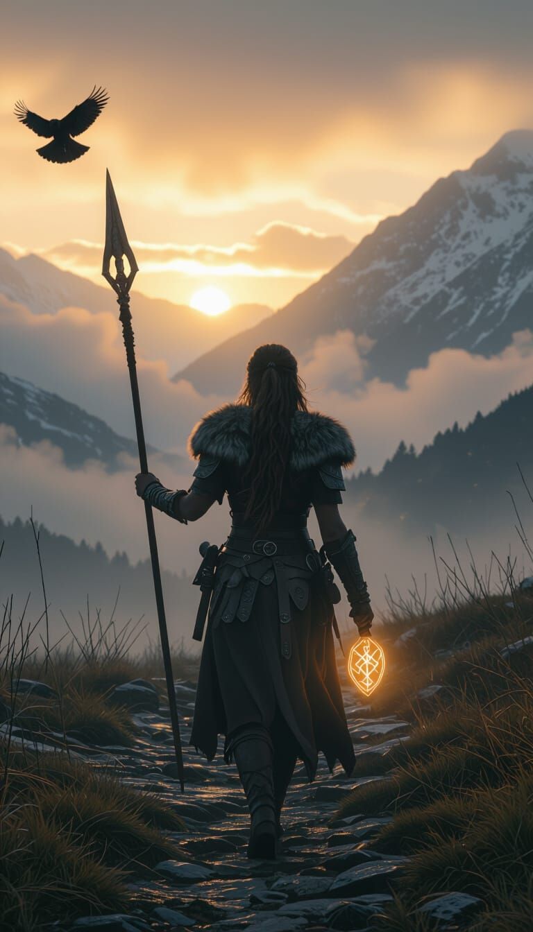 Nordic Shieldmaiden in Misty Mountain Pass