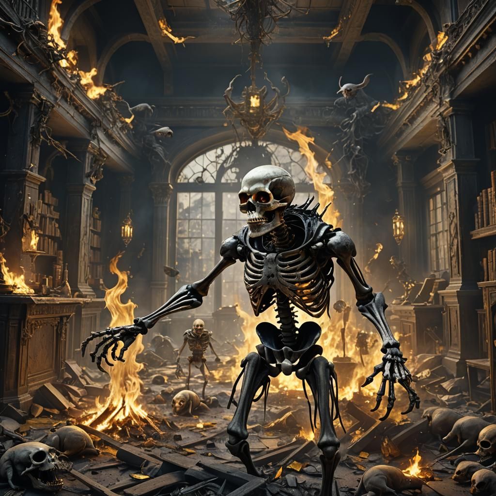 Surreal Fantasy Skeleton Dominates Burned College Room in Vi...