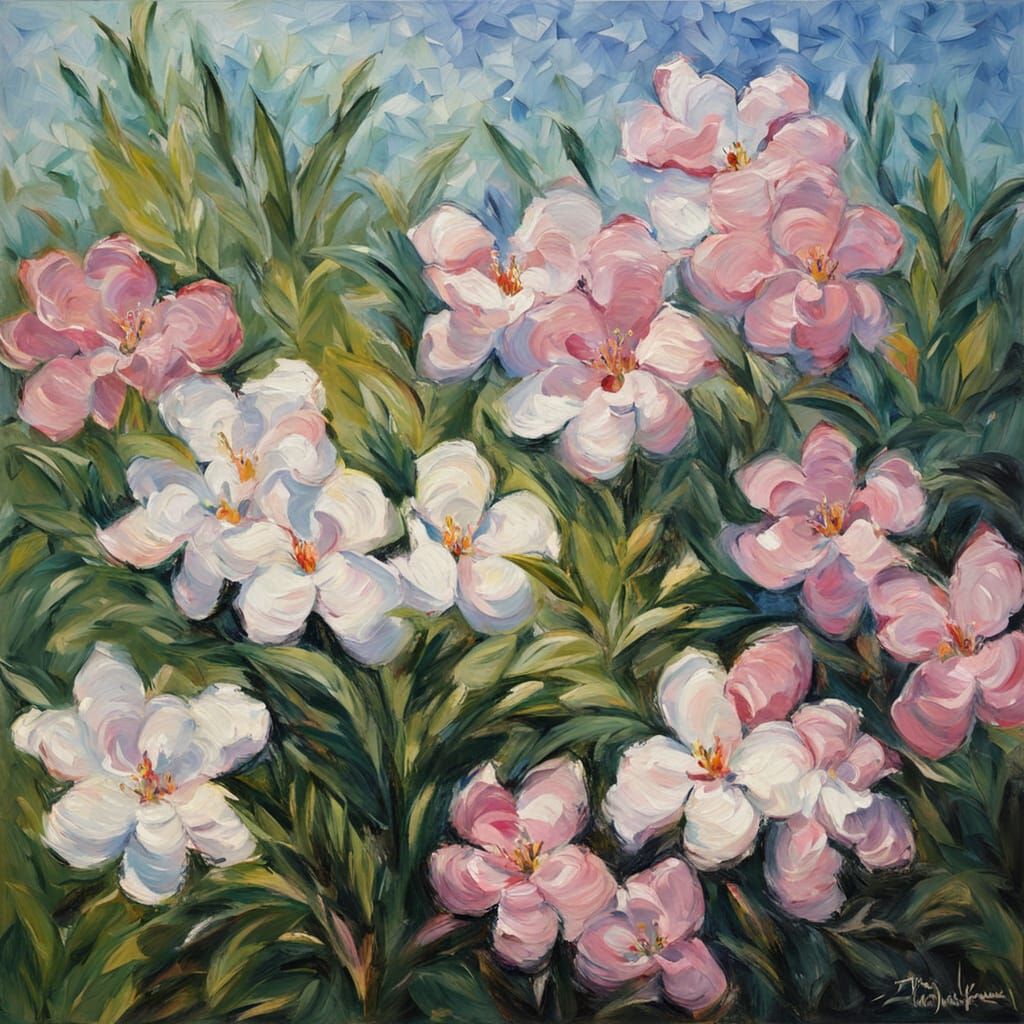Neo-Impressionist Oleander Flowers on Appalachian Ground