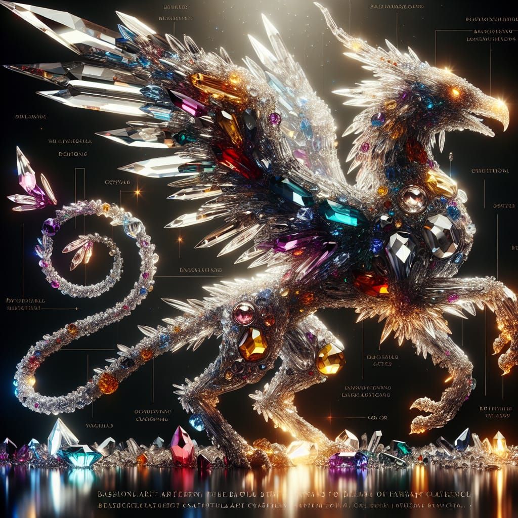 Crystallized creature, digital art, fantasy, mythical, griffin or dragon, body composed of crystals, different types of ...